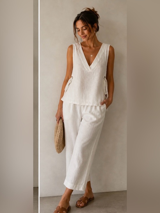 Free People Pants - Free People Cream V-Neck Sleeveless Wide-Leg Jumpsuit